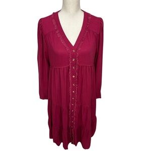 Umgee Tiered V-Neck Frayed Maxi Dress Rasberry Size Small NEW WITH TAGS